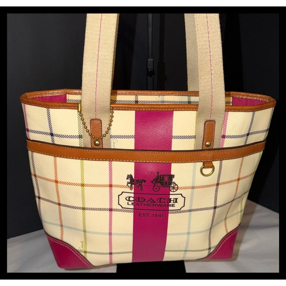 Coach Heritage Tattersall Plaid Tote Bag Medium Cream Multi Coated Canvas Purse
